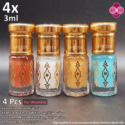 4x Musk For Womens High Quality Arabic Perfume Musk Collection 3ml - Golden Musk tahara White Vanilla Powder مجموعة مسك للنساء