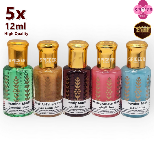 5× 12ml | High-Quality Musk Al-Tahara Gold, Powder, Candy, Pomegranate, Jasmine , Original Concentrated Perfume oil مسك طهارة ذهبي باودر كاندي ياسمين رمان