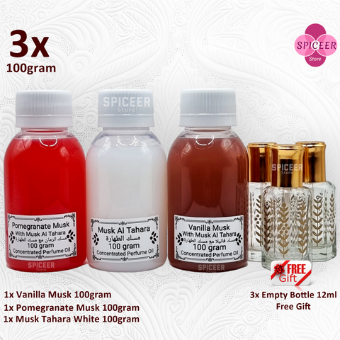 3× 100Grams | Arabic Musk Al Tahara , Pomegranate, Vanilla, Original Concentrated Perfume oil مسك طهارة رمان فانيلا