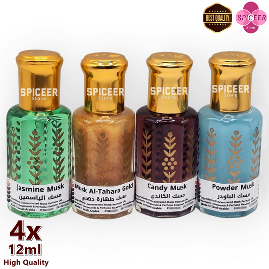 4× 12ml | High-Quality Musk Al-Tahara Gold, Powder, Candy, Jasmine , Original Concentrated Perfume oil مسك طهارة ذهبي باودر كاندي ياسمين رمان (Copy)