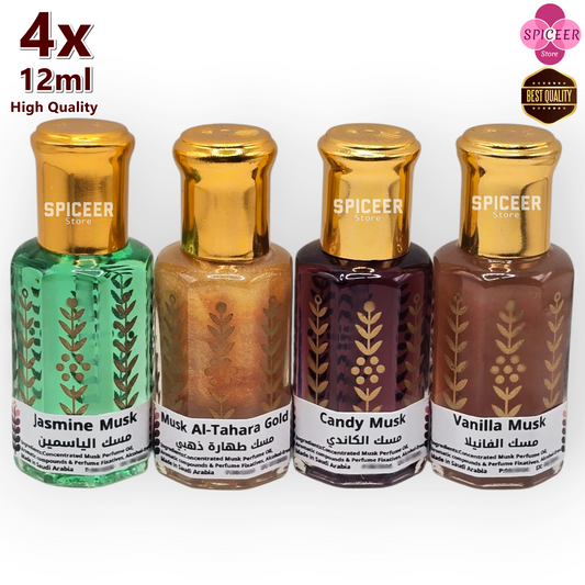 4× 12ml | High-Quality Musk Al-Tahara Gold, Vanilla , Candy, Jasmine , Original Concentrated Perfume oil مسك طهارة ذهبي فانيلا كاندي ياسمين