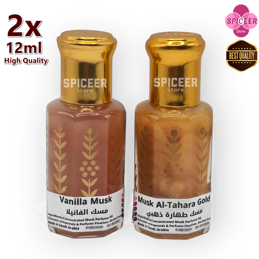 2× 12ml ( Musk Al Tahara Gold + Vanilla Musk) High-Quality Arabian Body Oil Perfume Musk Alcohol-Free مسك طهارة ذهبي فانيلا