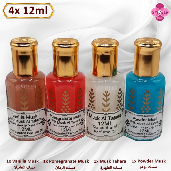 4× 12ml | Arabic Musk Al Tahara , Powder, Vanilla, Pomegranate , Original Concentrated Perfume oil مسك طهارة بودر رمان فانيلا