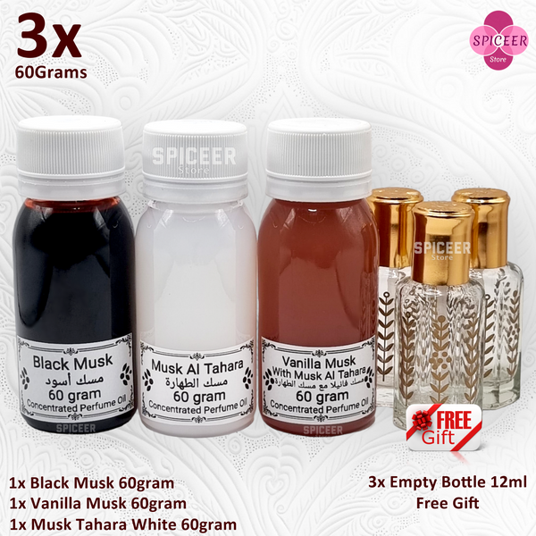 3× 60Grams | Musk Al Tahara , Vanilla , Black, Original Concentrated Arabic Perfume oil مسك طهارة أسود فانيلا