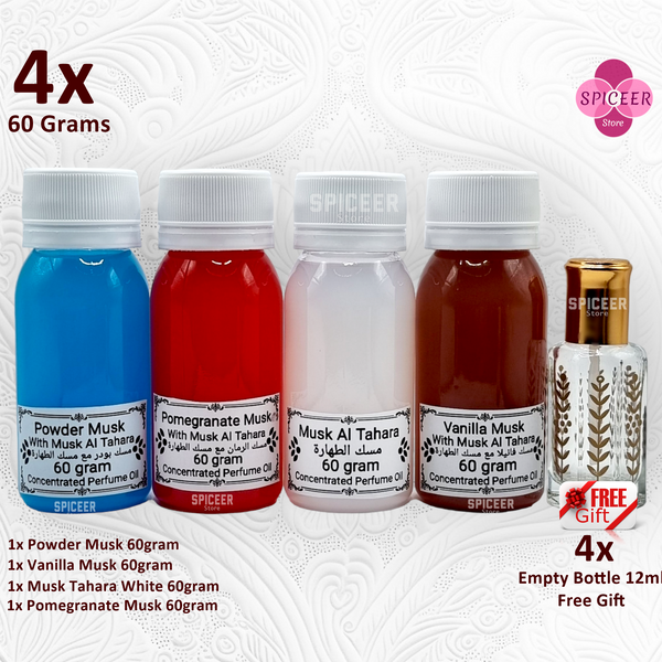 4× 60Grams | Arabic Musk Al Tahara , Powder, Vanilla, Pomegranate , Original Concentrated Perfume oil مسك طهارة بودر رمان فانيلا