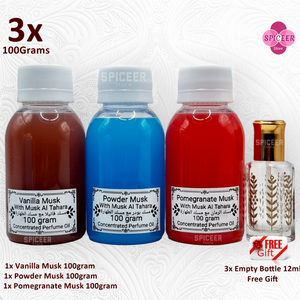 3× 100grams | Arabic Musk Al Tahara , Powder, Vanilla, Pomegranate, Original Concentrated Perfume oil مسك طهارة بودر رمان فانيلا