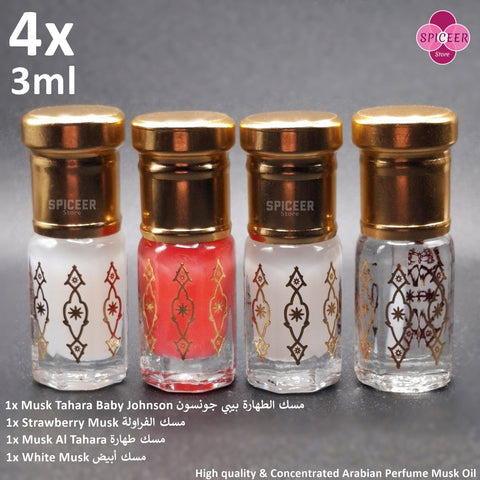 4x Arabic Perfume Musk Tahara 3ml  Strawberry, White Musk, Baby Johnson High Quality مسك الطهارة Wonderful Collection