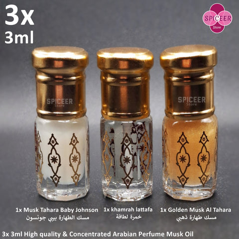 3x Arabic Perfume  Golden Musk Tahara 3ml Baby Johnson, khamrah lattafa High Quality مسك الطهارة Wonderful Collection