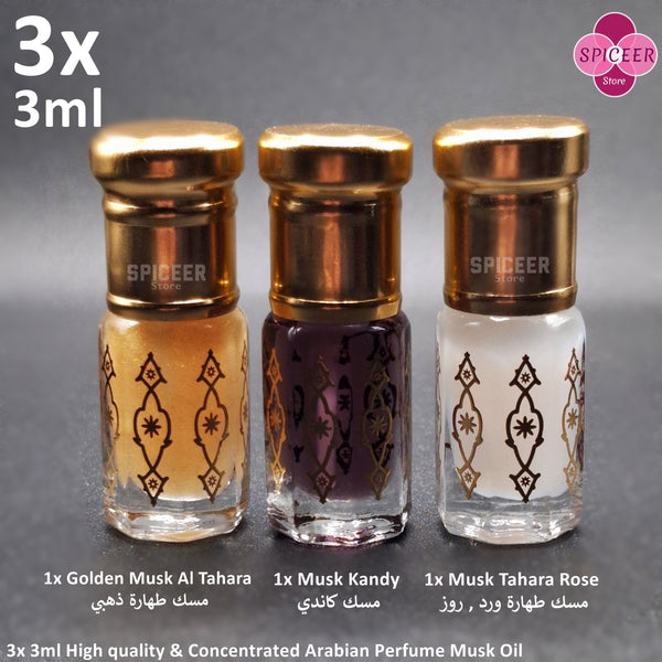 3x Arabic Perfume Golden Musk Tahara 3ml High Quality,Rose , Candy , مسك الطهارة Wonderful Collection