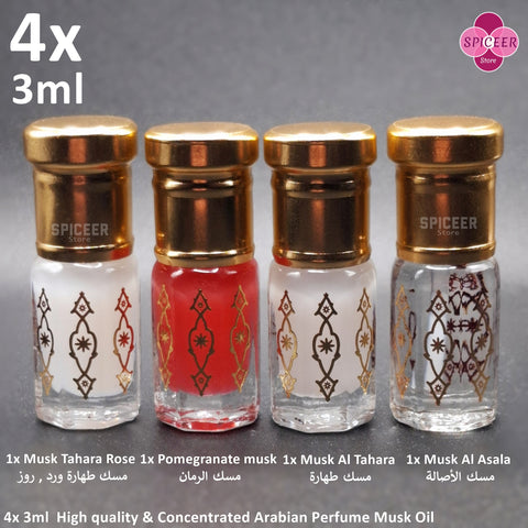 4x Arabic Perfume Musk Tahara 3ml Pomegranate, Al Asala, Rose, High Quality مسك الطهارة Wonderful Collection