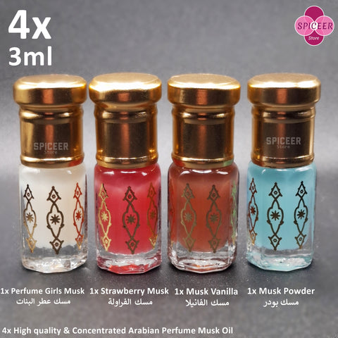 4x Arabic Perfume Musk Tahara 3ml Strawberry, Powder, Vanilla High Quality مسك الطهارة Wonderful Collection