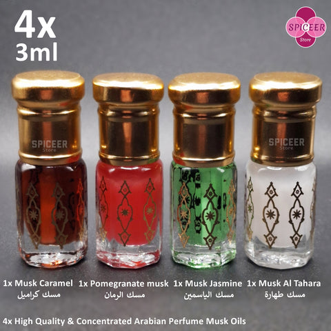 4x Arabic Perfume Musk Tahara 3ml Caramel, Pomegranate, Jasmine High Quality مسك الطهارة Wonderful Collection