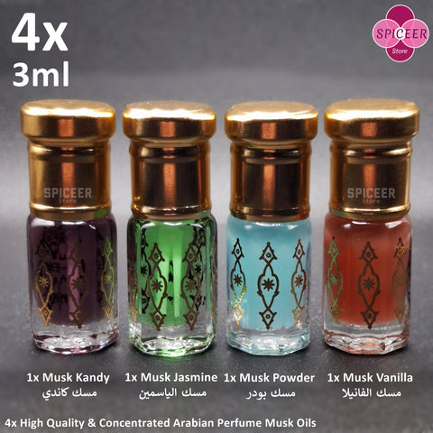 4x Arabic Perfume Musk Tahara 3ml  Vanilla, Powder, Kandy, Jasmine High Quality مسك الطهارة Wonderful Collection