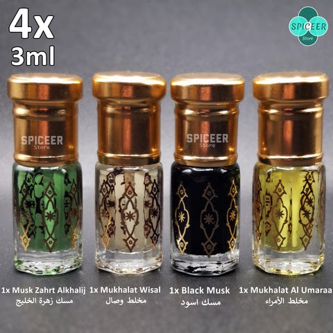 4x Arabic Perfume 3ml Black Musk Mukhalat Wisal, Al Umaraa, Zahrt Alkhalij مسك أسود High Quality Wonderful Collection