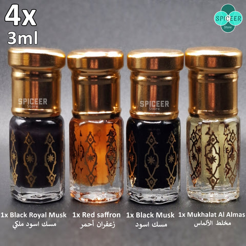 4x Arabic Perfume Black Musk 3ml Red saffron, Black Royal ,Mukhalat Al Almas مسك أسود High Quality Wonderful Collection