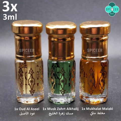3x Arabic Perfume Musk 3ml Oud Al Aseel, Mukhalat Malaki, Zahrt Alkhalij High Quality مسك أسود عودWonderful Collection