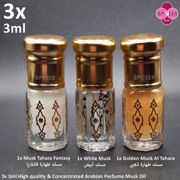 3x Arabic Perfume  Golden Musk Tahara 3ml High Quality Fantasy , White Musk مسك الطهارة Wonderful Collection