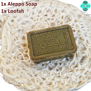 ( 1 Natural Loofah + 1 Alppo Olive Oil Soap ) sponge Bath soap for body and head ليفة وصابون